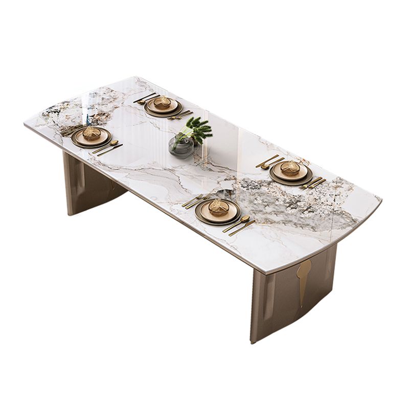 Mesa de comedor de lujo con tapa de piedra sinterizada, mesa rectangular con pedestal doble dorado