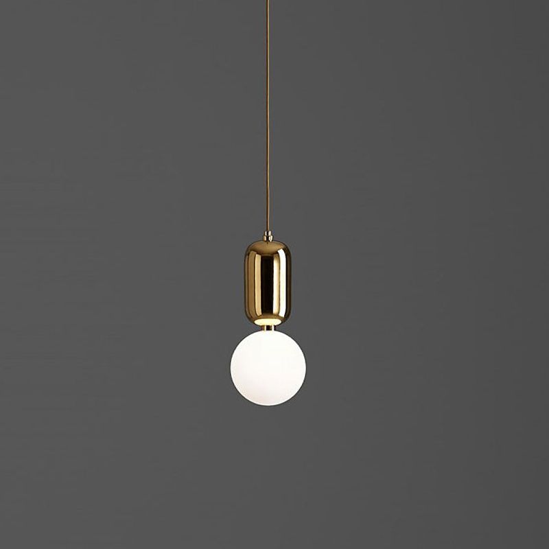 Postmodern 1-Light Pendant Lamp White/Gold Capsule Ceiling Hang Lamp with Milky Ball Glass Shade, 6"/8"/12" Dia