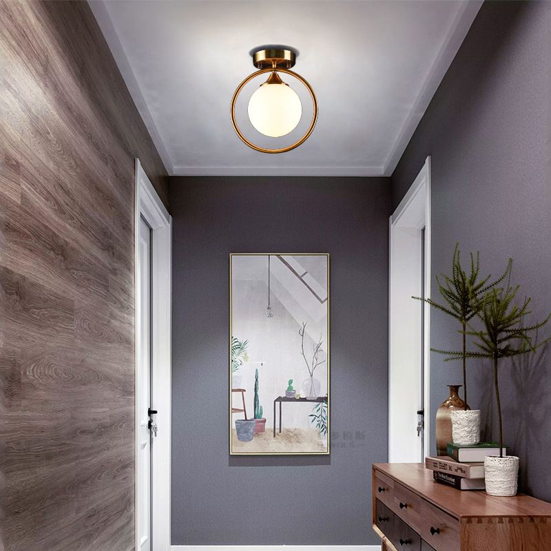 Postmodern Ball Ceiling Lighting Glass 1-Light Corridor Semi-Flush Mount Light with Brass Metal Ring
