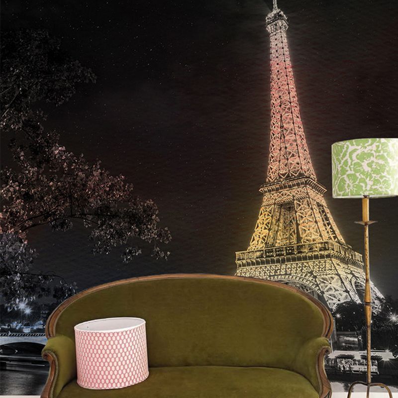 Whole Night City Wallpaper Murals for Living Room Eiffel Tower Wall Decor in Black, Stain Resistant