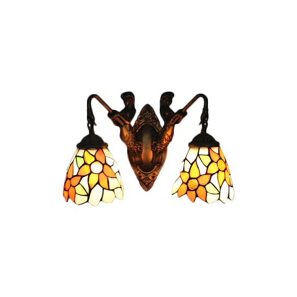Brass Bell Sconce Light Baroque 2 Lights Multicolored Stained Glass Wall Mount Light