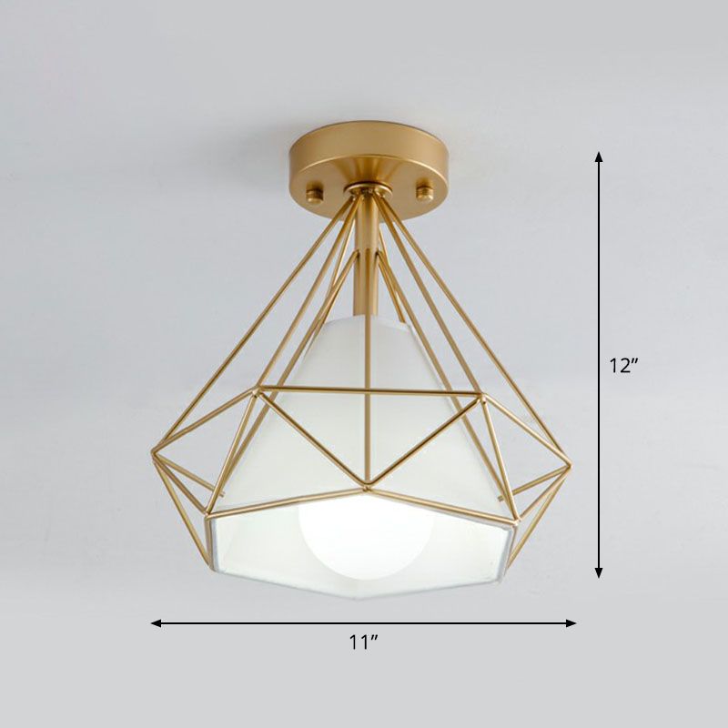 Iron Diamond Cage Semi Flush Light Simplicity Single Corridor Flush Ceiling Light Fixture