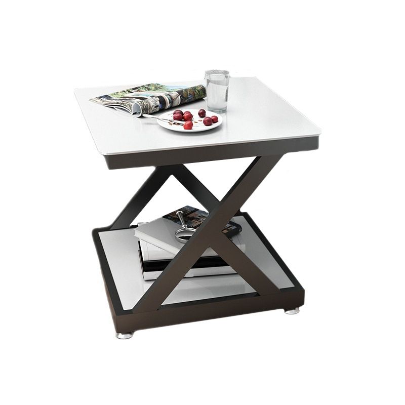 Modern Square End Table Double Tier Tempered Glass Sofa Side Table