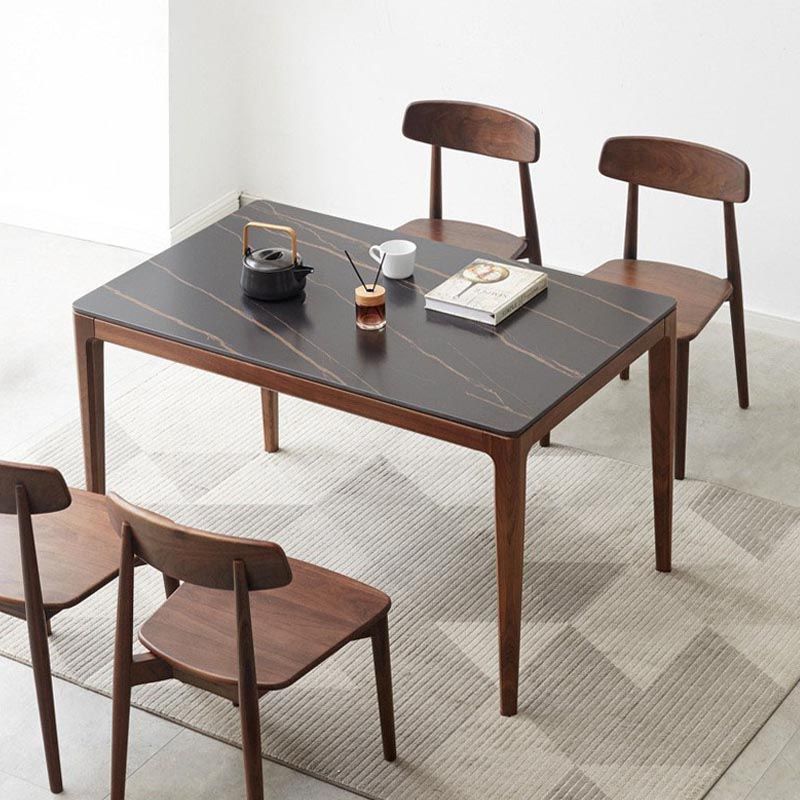 Stone Top Dining Table Traditional Luxury Rectangle Table with 4 Wood Legs