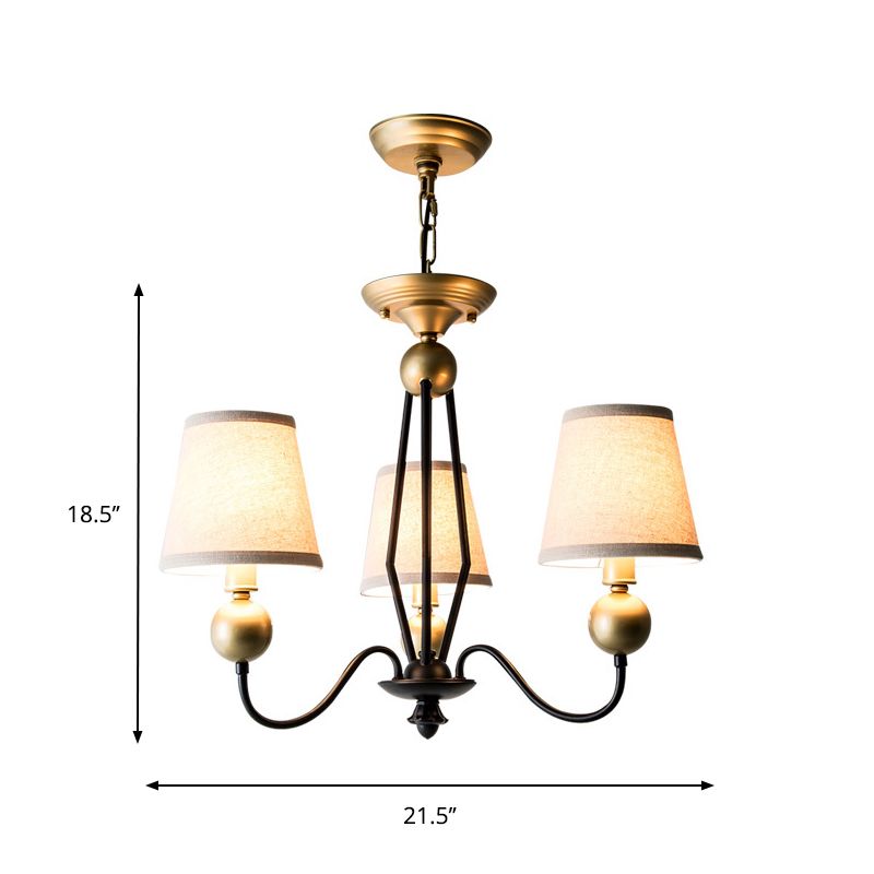 Rural Curvy Arm Hanging Pendant Light 3/6-Head Fabric Chandelier in Black with Cone Fabric Shade