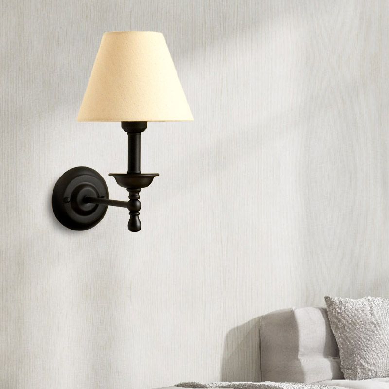 1 Light Metal Wall Light Traditional Gray-Blue/White Fabric Cone Shade Bedroom Sconce Light