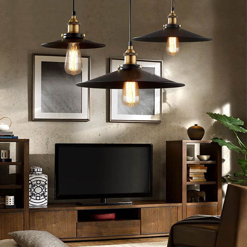 Black Conical Pendant Lamp Industrial Metal 1-Bulb Bistro Suspended Lighting Fixture