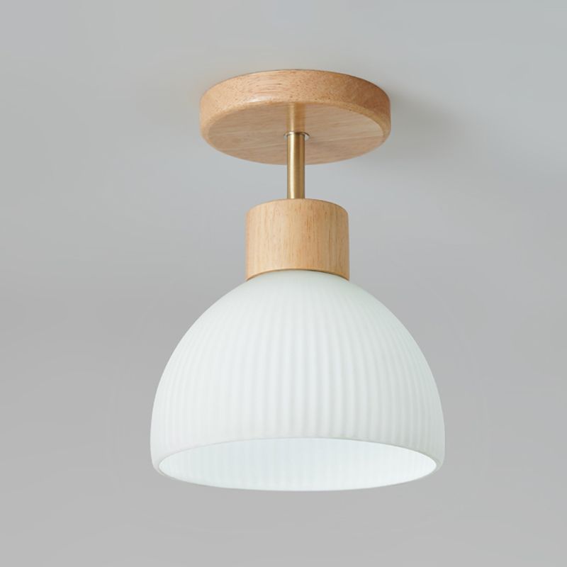 Dome Shape Ceiling Lamp Modern Wood 1 Light Flush Mount with Glass Lampshade for Aisle