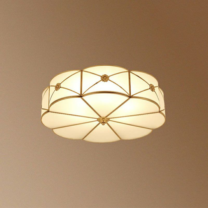 Floral Bedroom Ceiling Mounted Light Colonial Chic White Glass Brass Finish Flush Light