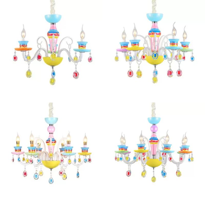 Modern Candle Chandelier Glass Multi-Head Colorful Pendant Light for Kindergarten