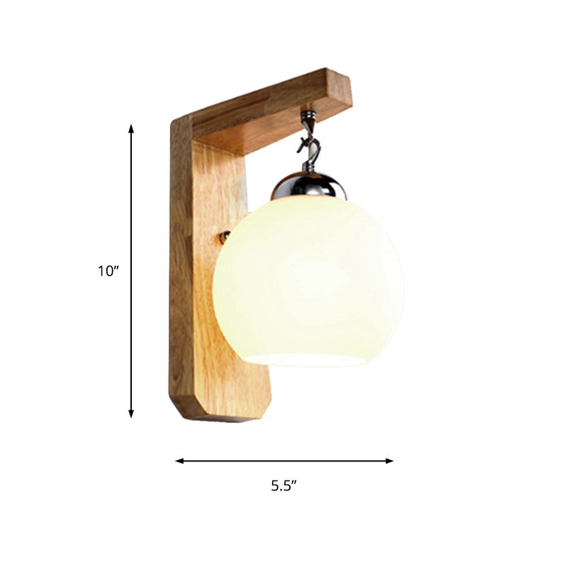 Luz de pared colgante de globo moderno vidrio opal 1 bombilla Luz de apliquet blanca con base de madera para dormitorio