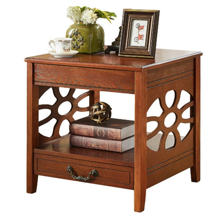 Modern Square Double Tier End Table Solid Wood 4 Legs End Table