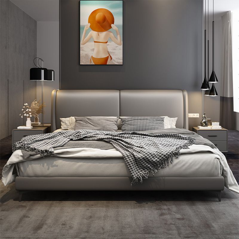 Modern Panel Bed with Upholstered Headboard Grey Solid Wood Bed Frame