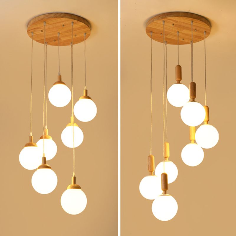 Spiral Stair Ceiling Pendant Simple Wood Multi Hanging Lamp with Ball White Glass Shade