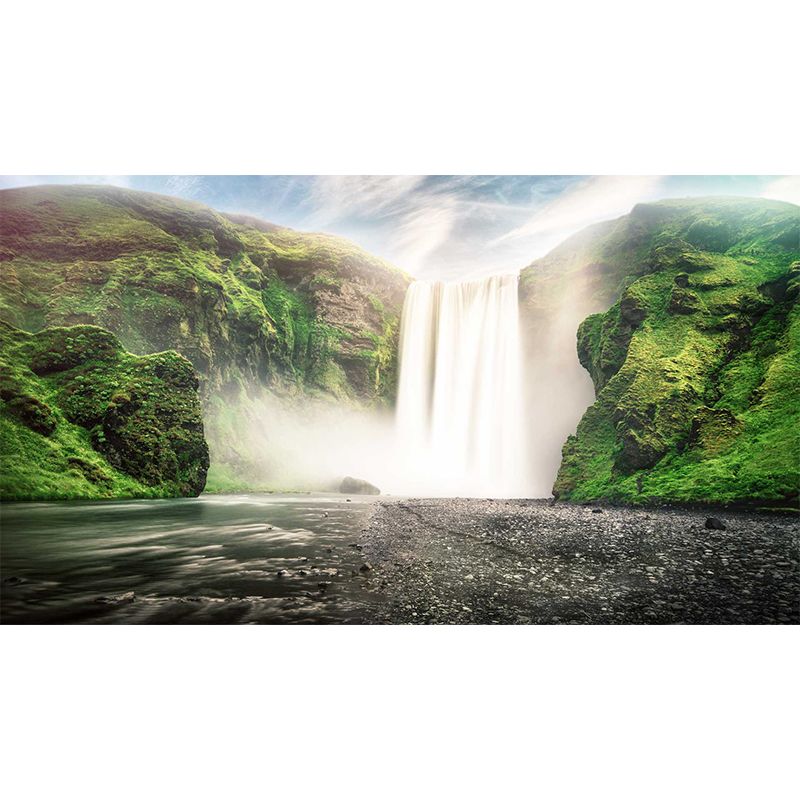 Big Waterfall Wall Paper Mural Stain-Proof Modern Style Living Room Wall Decor in Green