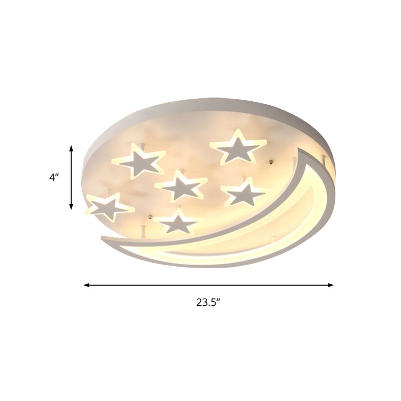 Metal Moon and Star Flush Ceiling Light Kid Bedroom Cartoon Ceiling Lamp in White Finish