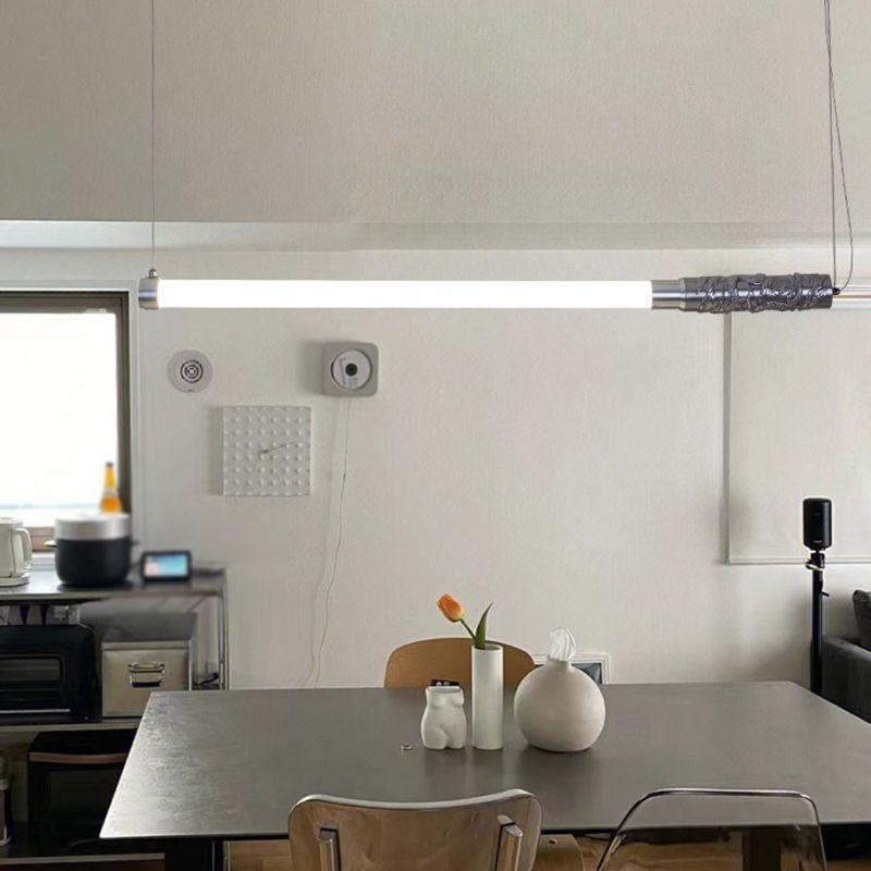 Silver Modern Metal Ceiling Light Tube Shape Island Light with Acrylic Shade for Bedroom