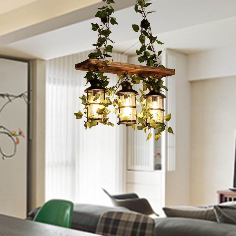 Lantern Restaurant Island Ceiling Light Retro Wooden 2/3 Heads Pink/Green LED Drop Lamp with Plant/Flower Decor