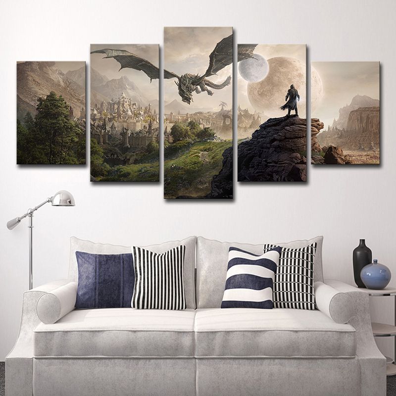 Elder Scrolls Scene Art Print Kids Style Multi-Piece Wall Decor in Brown for Bedroom