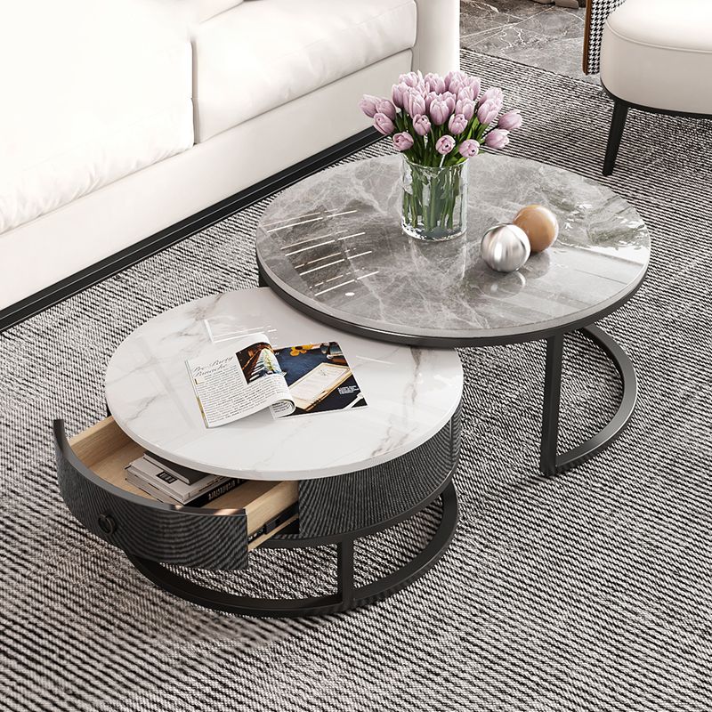 Slate Coffee Cocktail Table Round Coffee Table Set with Drawer