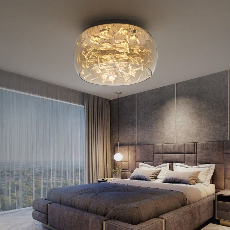 Curved Drum Flush Mount Modernism Crystal Amber/White LED Ceiling Mount Light Fixture in Warm/White/3 Color Light, 16"/19.5" Wide