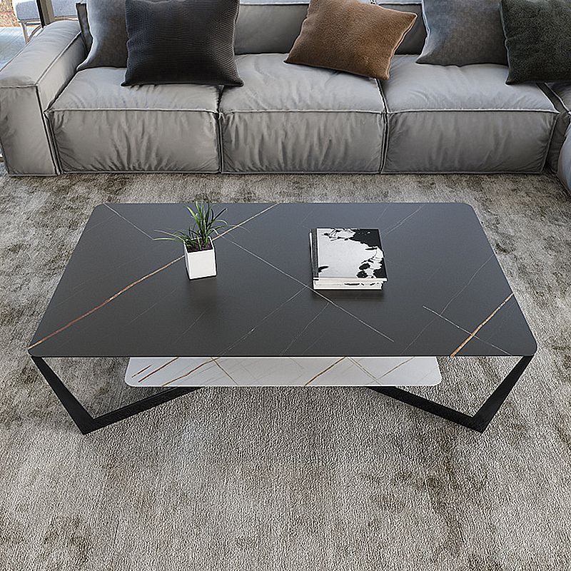 Cross Table Base Design Black Metal Base Slate Top Rectangular Coffee Table