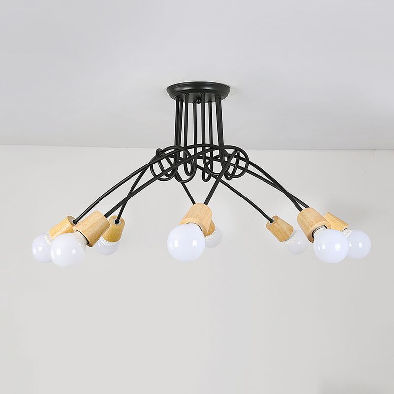 Metal Open Bulb Ceiling Light Fixture with Twisted Arm Loft Style 3/5 Lights Kitchen Semi Flush Pendentif Light in Wood