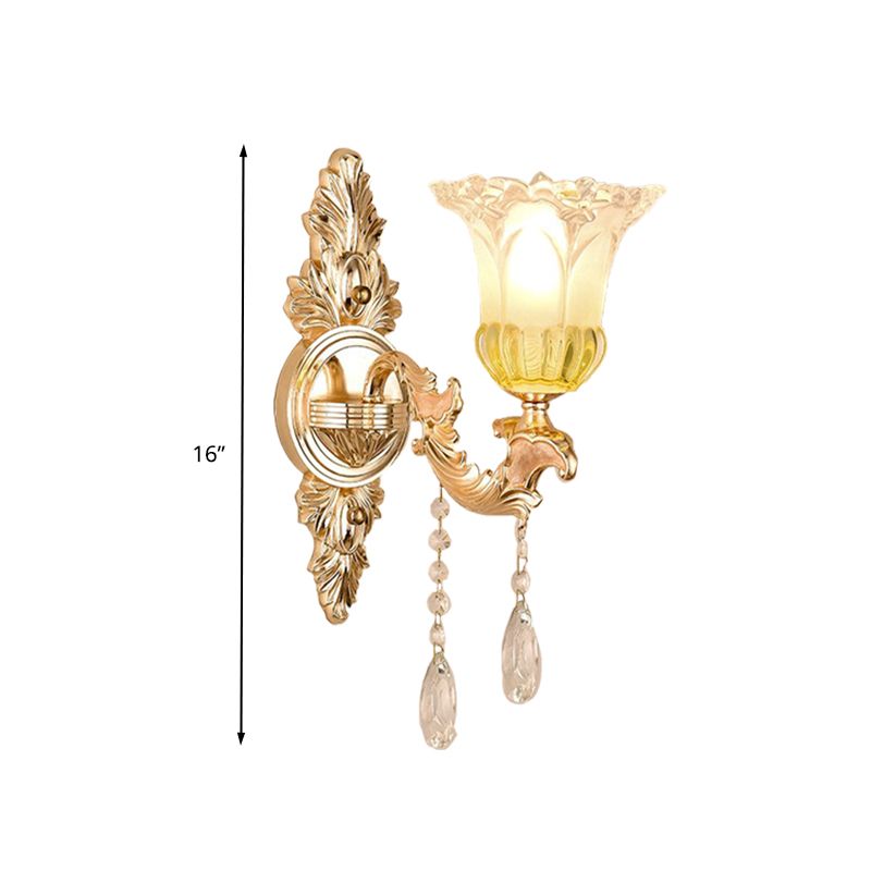 1/2 Heads Frosted Glass Wall Sconce Traditionalist Gold Flower Living Room Wall Mounted Light with Crystal Draping