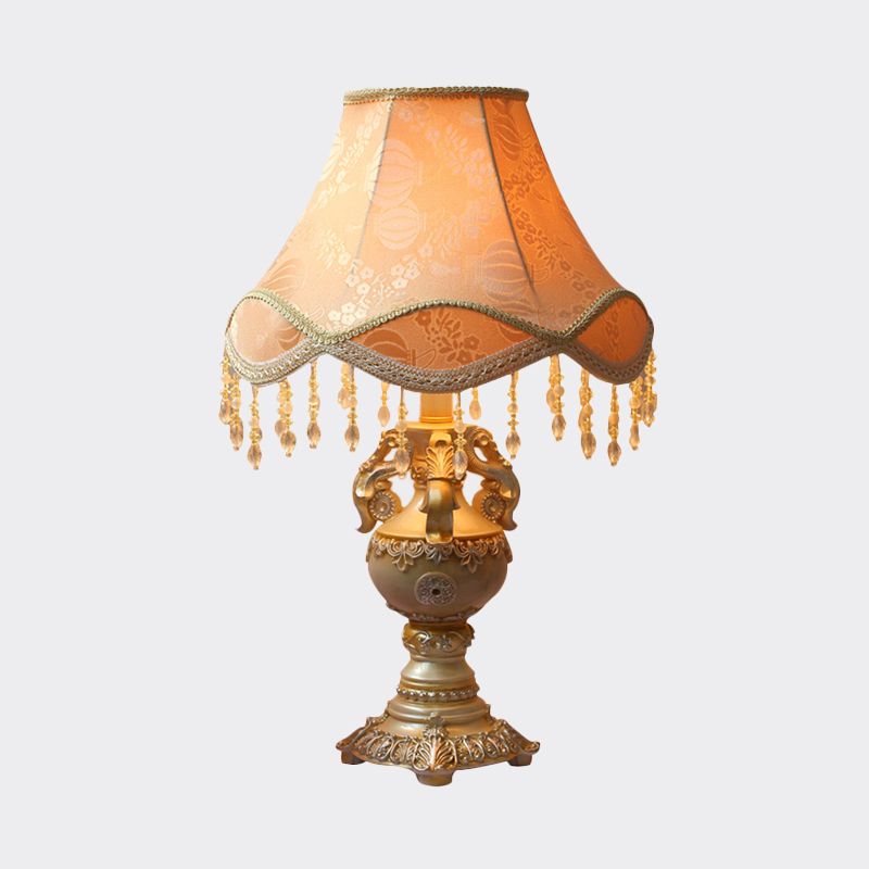 Apricot Bell Nightstand Lamp Countryside 1-Head Fabric Night Light with Draping and Resin Base