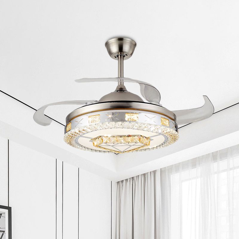 Silver 4 Blades Pendant Fan Lamp Minimalist Crystal Heart/Diamond Semi Mount Lighting, 19.5" Width