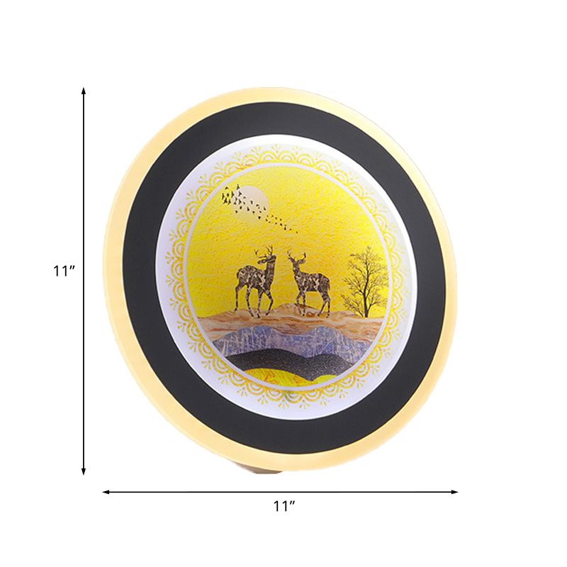 Blue/Yellow Rounded Wall Mounted Lighting Nordic Style LED Acrylic Wall Mural Light with Elk Deer Design