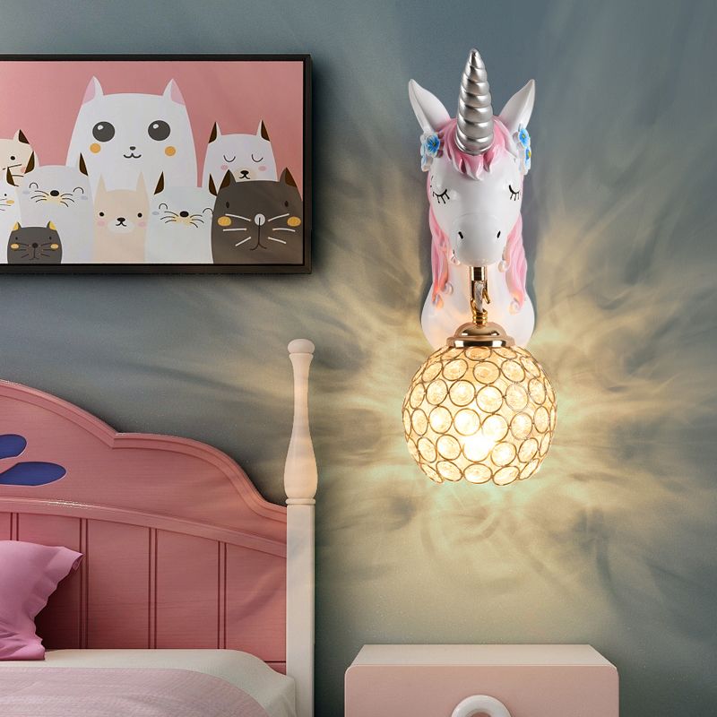 Cartoon Unicorn Wall Mount Light Resin Bedside Wall Lighting with Hollowed out Globe Shade