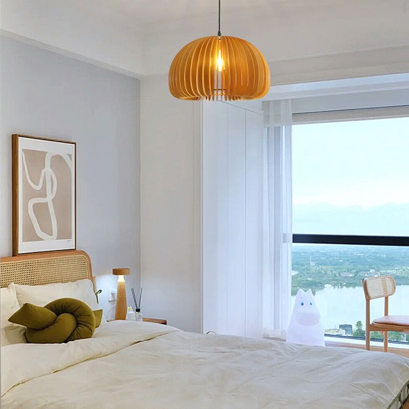 Japanese Style Pumpkin Hanging Light Wood Single-bulb Pendant for Dinning Room