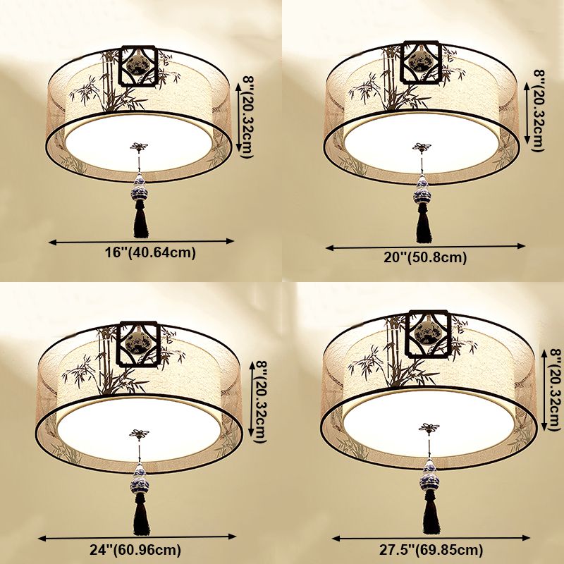 Geometry Shape Ceiling Lamp Tradition Iron Flush Mount with Fabric Lampshade for Bedroom