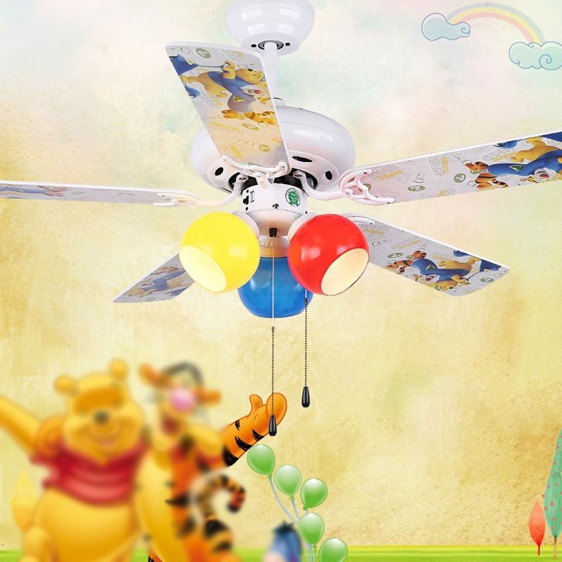 Multicolored Glass Dome Shade Hanging Fan Lamp Macaron 3-Light Red-Yellow-Blue Semi Flush Light