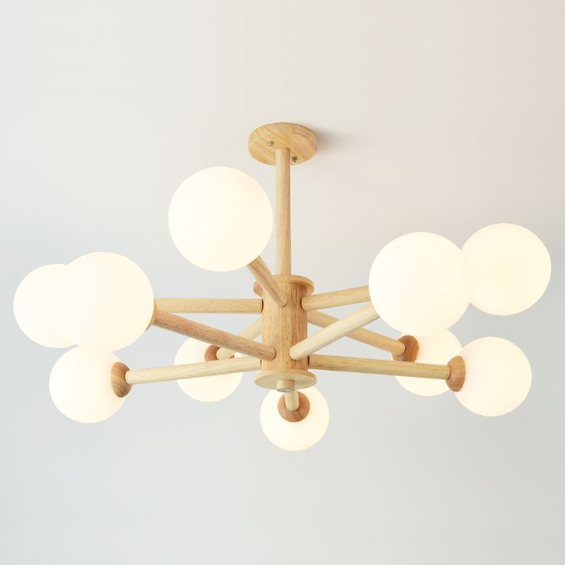 Beige Solid Wood Hanging Light Simplicity Modern Style White Frosted Glass Shade Chandelier Lamp for Living Room Bedroom