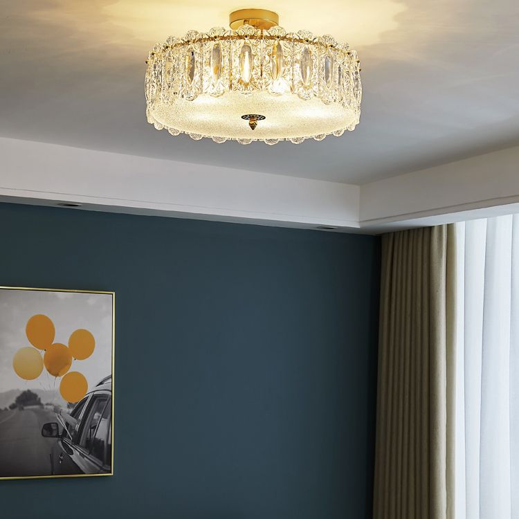 Lampe de plafond de forme ronde Mount à chasse d'eau en fer moderne avec abat-jour en verre pour chambre à coucher