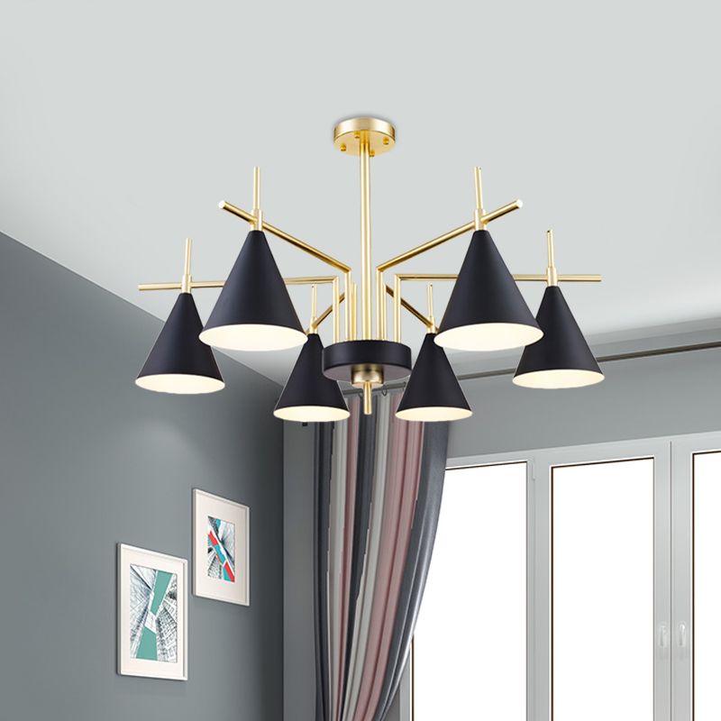 Mid-secolo in ferro conico semifulto a filo a filo a filo lampadario del soffitto in oro nero con design radiale per camera da letto