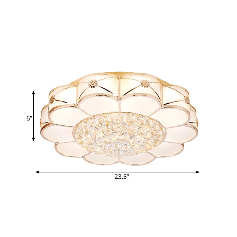 Gold LED Ceiling Light Modern Frosted Glass Layered Petals Flush Mount Fixture with Crystal Ball Drop