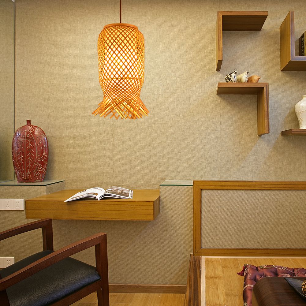 Hand Knitted Bamboo Lantern Drop Light Asian Single Pendant Light in Beige for Restaurant