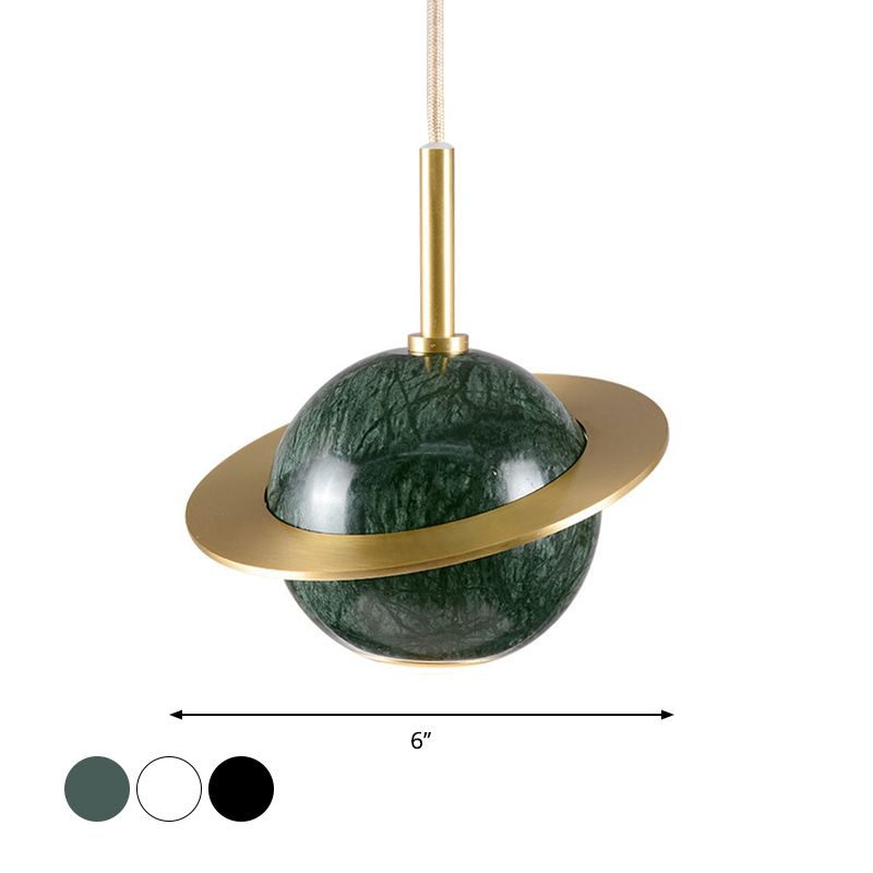 Designer Globe Hanging Light Marble Restaurant LED Pendant Lamp in Black/White/Green with Brass Ring