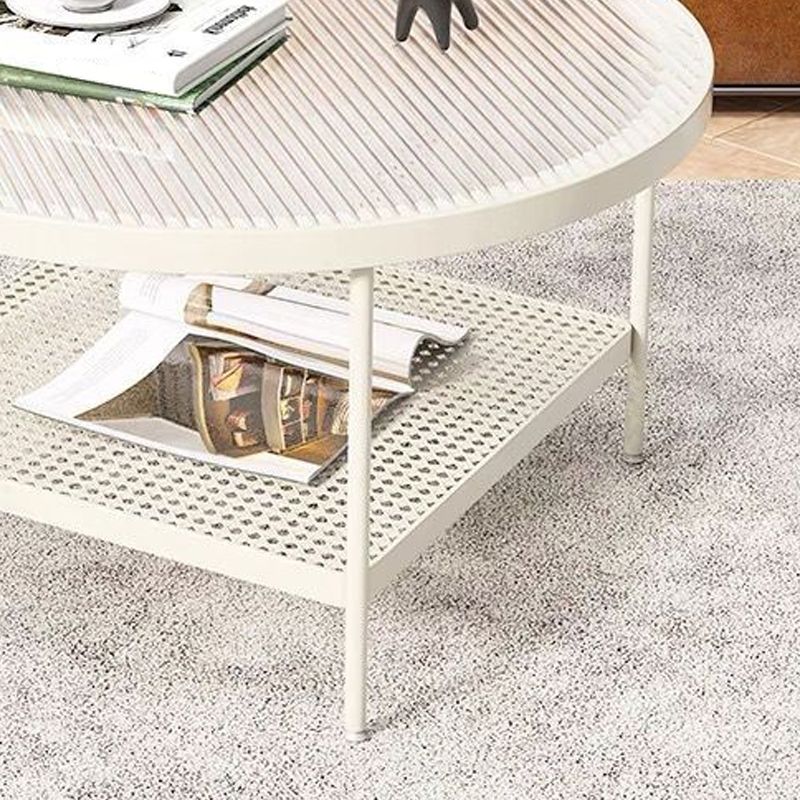 Round Glass Cocktail Table Iron 4 Legs Coffee Table with Shelf