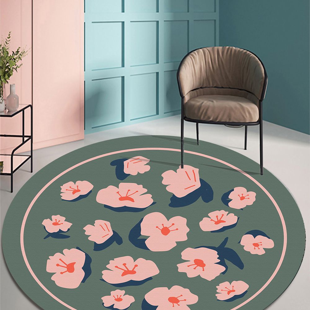 Fresh Modern Round Rug Simplicity Floral Print Rug Polyester Non-Slip Backing Rug for Home Decor