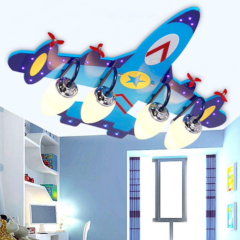 4 Lights Aircraft LED Flush Mount Light Remote Control Glass Ceiling Light in Chrome Finish for Kindergarten Children Room