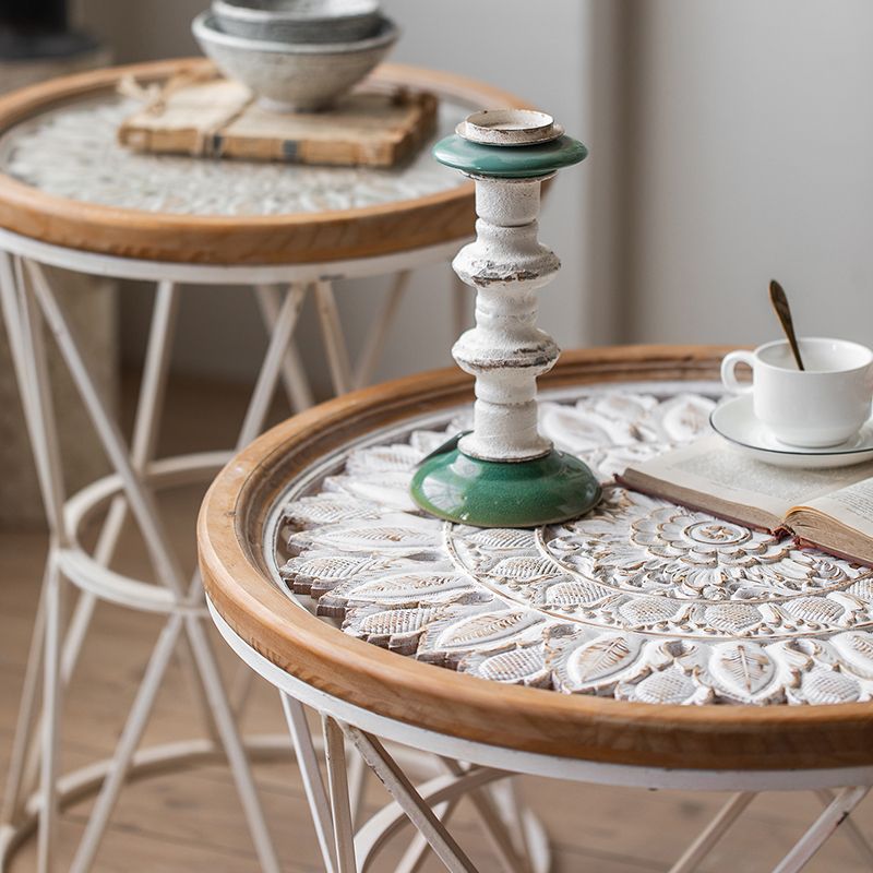 Round Shape Solid Wood End Table with Metal Base Corner Table for Living Room