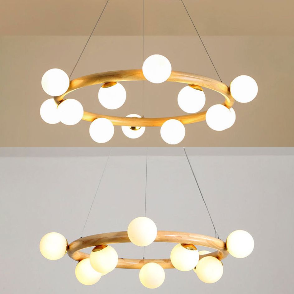 Contemporary Farmhouse Wooden Lamp Ceiling Hanging Light with Glass Shade