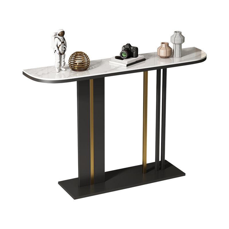 Modern Half Moon Console Table with Stone Top and Iron Pedestal Base