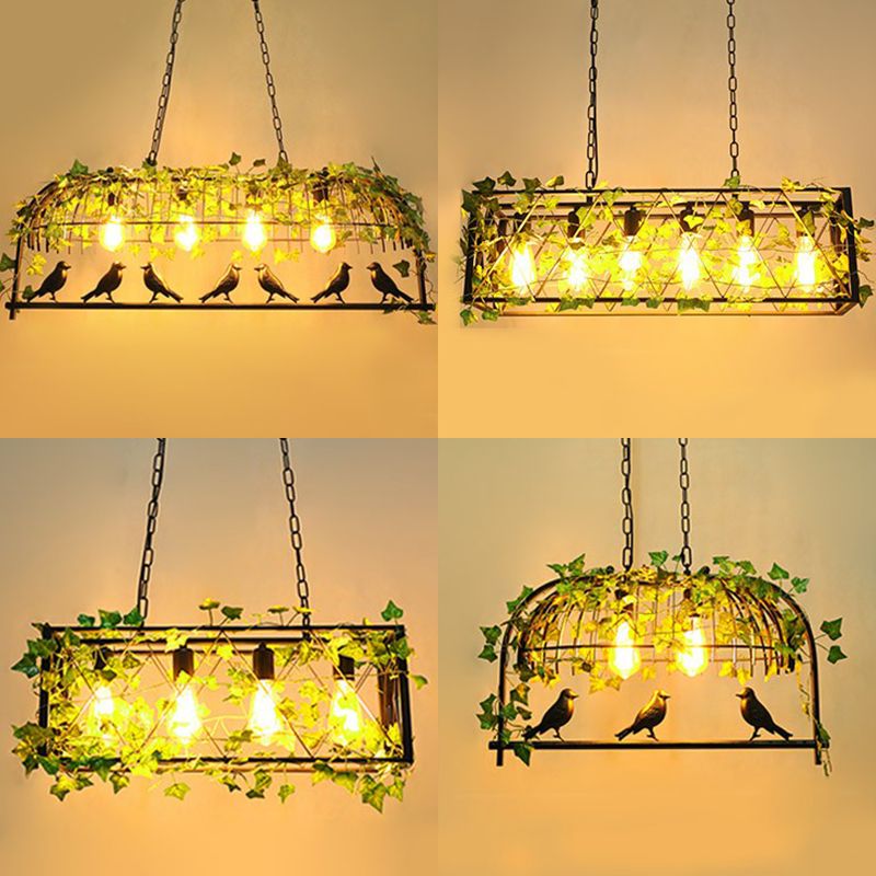 Cage Metal Island Candant Light Industrial Dining Room Lampada a sospensione con foglia di imitazione in verde