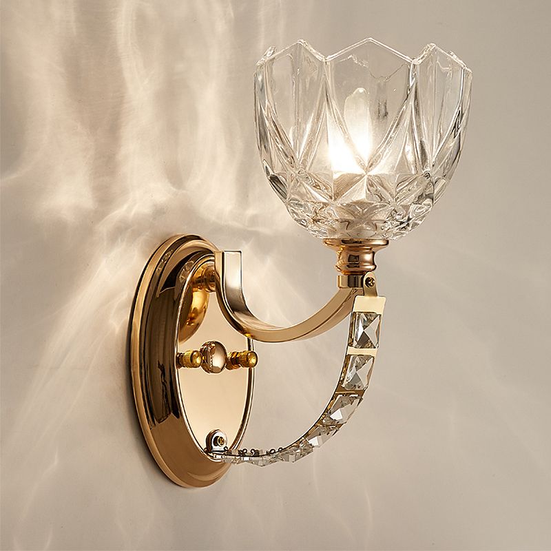 1 Head Bedroom Wall Light Modern Brass Sconce Light Fixture with Bowl/Cylinder Clear Glass Shade