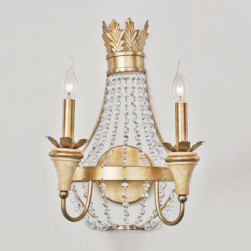 2 lichten Empire Wall Light Vintage Style Metalen wandlamp met heldere kristallen kraal in champagne -afwerking